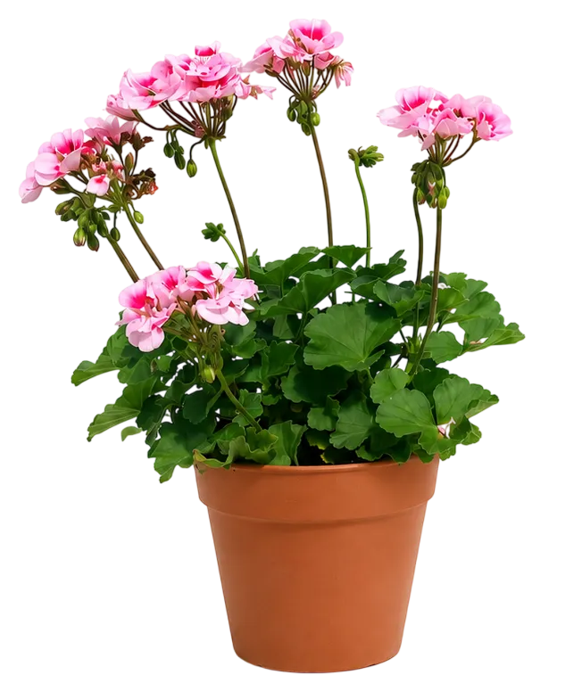 The same geranium variety in a terracotta pot with fuller foliage and more blooms, after continued foom fertiliser treatment